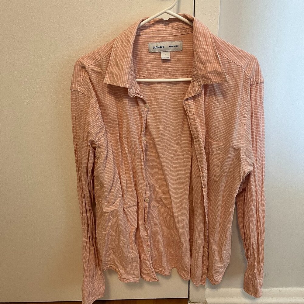 Old Navy Linen Shirt Mens Size Large Pink Striped Long Sleeve Linen Regular Fit